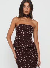 Sydni Scarf Detail Strapless Top Chocolate / Pink Polka