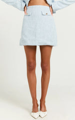 Olympia Mini Skirt - High Waisted A Line Boucle Skirt in Pale Blue