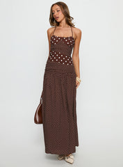 Marguerite Halter Maxi Dress Brown Polka Dot