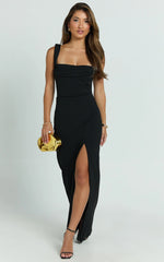 Donna Maxi Dress - Cowl Neck Column High Split Dress in Black