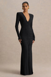 Jewel | Black Plunge-Neck Maxi Dress With Front Split and Ruched Detailing