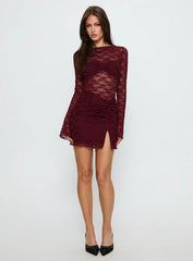 Best You Had Mesh Long Sleeve Mini Dress Burgundy