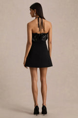 Tempest | Black Halter-Neck Mini Dress With Hand-Embellished Panel