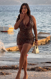 Barcelona Dreams Beaded Mini Dress Chocolate