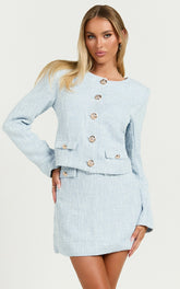Olympia Jacket - Boucle Scoop Neck Button Down Long Sleeve Jacket in Pale Blue