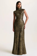 Cecy | Khaki Sequin High-Neck Maxi Dress With Cap Sleeves