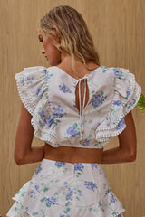 Wild And Free Pintuck Pleat Ruffle Crop Top Floral Beige