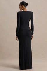 Jewel | Black Plunge-Neck Maxi Dress With Front Split and Ruched Detailing