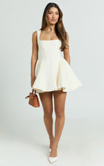 Kailee Mini Dress - Wide Strap Square Neck Fit And Flare Tulip Dress in Cream