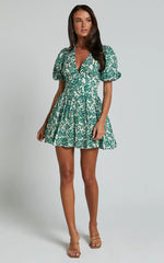 Nelli Mini Dress - Short Puff Sleeve Shirred Back Dress in Green Silhouette