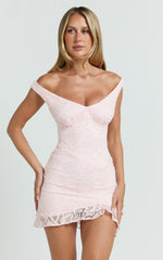 Judai Mini Dress - Lace Off Shoulder A Line Dress in Pink