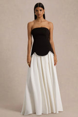 Wendy | Black And White Maxi Dress With Drop-Waist And Pearl Embellishment