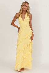 Flirt Frill Trim Halter Maxi Dress Lemon