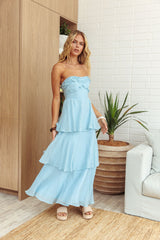 Top It Off Strapless Frill Trim Maxi Dress Blue
