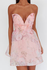 Gem Deep Sweetheart Neckline Mini Dress Floral Pink