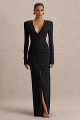 Jewel | Black Plunge-Neck Maxi Dress With Front Split and Ruched Detailing