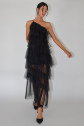 Arrabel Tiered Ruffle Tulle Maxi Dress Black