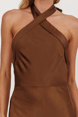 Italia Azure Crossover Halterneck Maxi Dress Chocolate