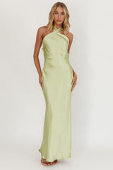 Italia Azure Crossover Halterneck Maxi Dress Pistachio