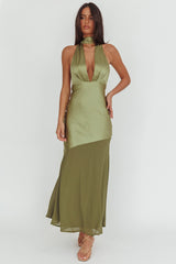 Italia Azure Halterneck Sheer Hem Maxi Dress Olive