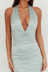 Italia Azure Pleat Bodice Halterneck Maxi Dress Sage