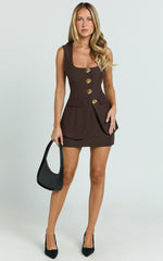 Phyllis Two Piece Set - Tailored Scoop Neck Vest Top and A Line Mini Skirt Set with Gold Buttons in Chocolate