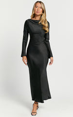 Arriana Midi Dress - Long Sleeve Cowl Back Satin Dress in Black