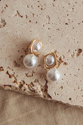 Clara Square Pearl Drop Earrings Gold Pearl