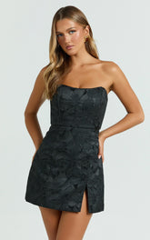 Brailey Mini Dress - Strapless Dress in Black Jacquard