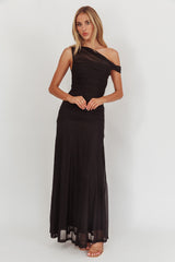 Lylah Asymmetric Neckline Mesh Maxi Dress Black