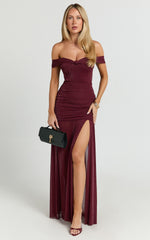 Lilliana Maxi Dress - Glitter Tulle Off Shoulder Tie Front Ruched High Split Dress in Wine