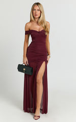 Lilliana Maxi Dress - Glitter Tulle Off Shoulder Tie Front Ruched High Split Dress in Wine