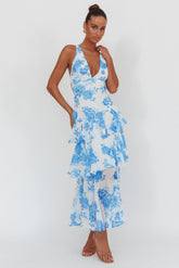 Veda Strappy Back Ruffle Maxi Dress Roses Blue