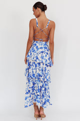 Veda Strappy Back Ruffle Maxi Dress Floral Blue