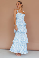 Provence Bloom Tiered Midi Dress Floral Blue