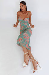 Fortune Lace Trim Mesh Midi Dress Green