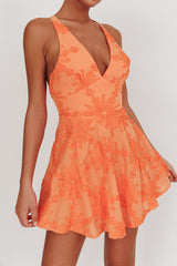 Lavalle Criss-Cross Floral Embellished Mini Dress Orange