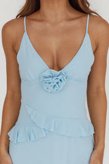 Marlie Frill Trim Rosette Maxi Dress Blue