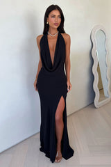 Amedeo Plunge Halter Neck Maxi Dress - Black