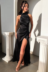 Arabelle High Neck Satin Maxi Dress - Black