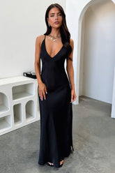 Delilah V-Neck Satin Maxi Dress - Black