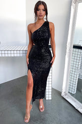 Dura One Shoulder Sequin Midi Dress - Black Sequin