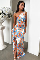 Elianna One Shoulder Satin Maxi Dress - Blue Floral