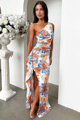 Elianna One Shoulder Satin Maxi Dress - Blue Floral