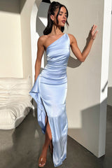 Elianna One Shoulder Satin Maxi Dress - Blue