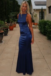 Margot High-Neck Satin Maxi Dress - Navy