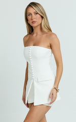 Monroe Two Piece Set - Strapless Button Down Longline Vest Top and High Waisted Mini Skirt in Cream