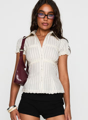 Deserve You Puff Sleeve Button Front Top Cream Stripe
