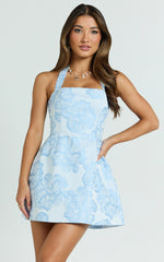 Gabbie Mini Dress - Jacquard Halter Fit And Flare Dress in Blue