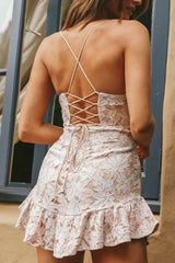 Make Memories Molded Bust Lace-Up Back Lace Mini Dress White/Beige